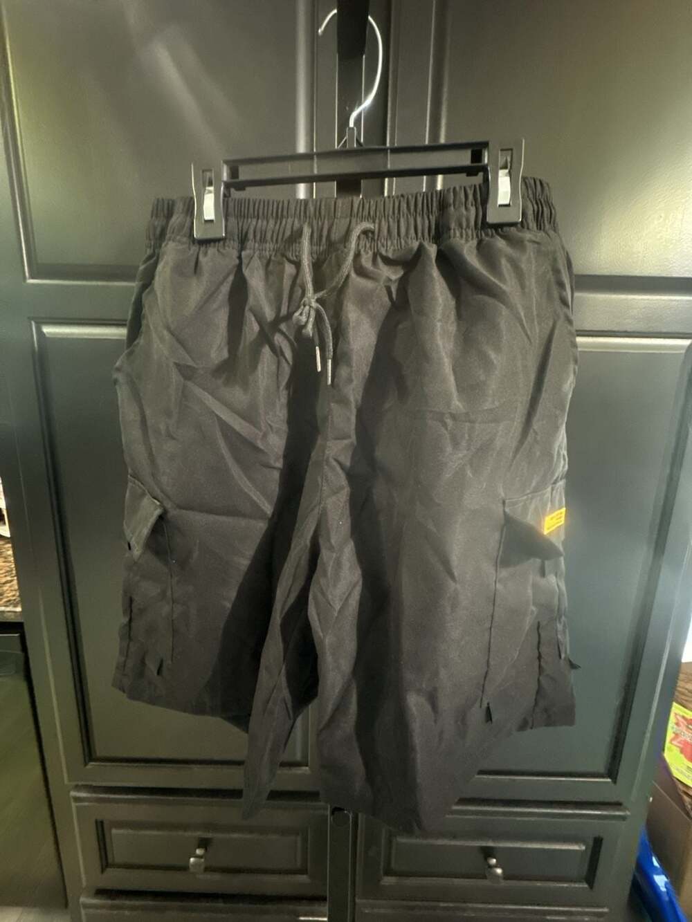 ZQUUVOU Black Nylon Tech Cargo Shorts with Orange Utility Tag Detail